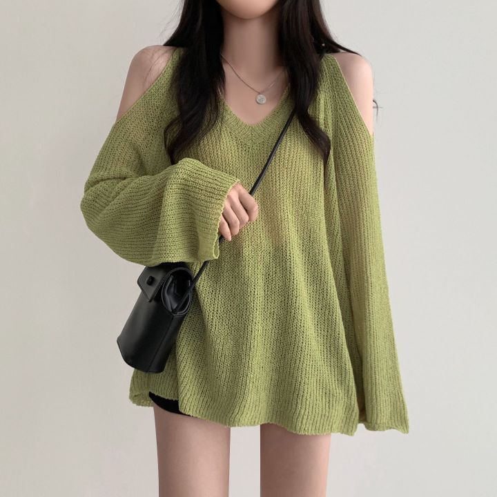 Women's Off Shoulder V-neck Long Sleeved Thin Knit Shirt