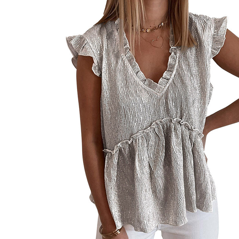 Personalized Metal Pleated Ruffled Short Sleeves Loose Top For Women