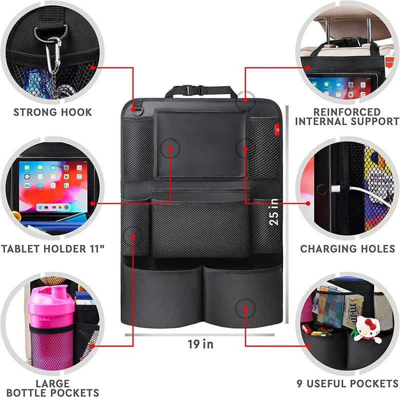 Organizador para banco traseiro com suporte para tablet com tela sensível ao toque e protetor de impacto.