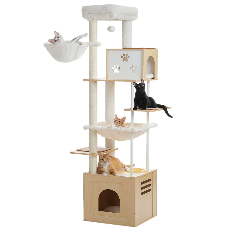 Árvore para gatos grande de vários níveis com espaçosas casinhas, redes e postes de sisal para arranhar.