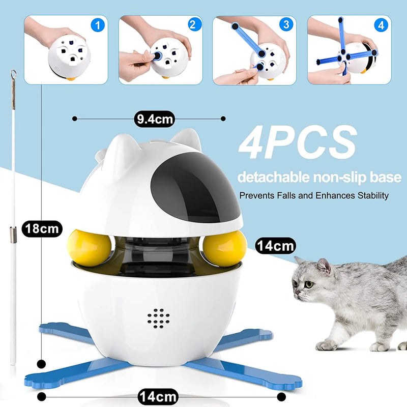 Brinquedo interativo 3 em 1 para gatos com laser e penas, com trackball automático e altura ajustável.