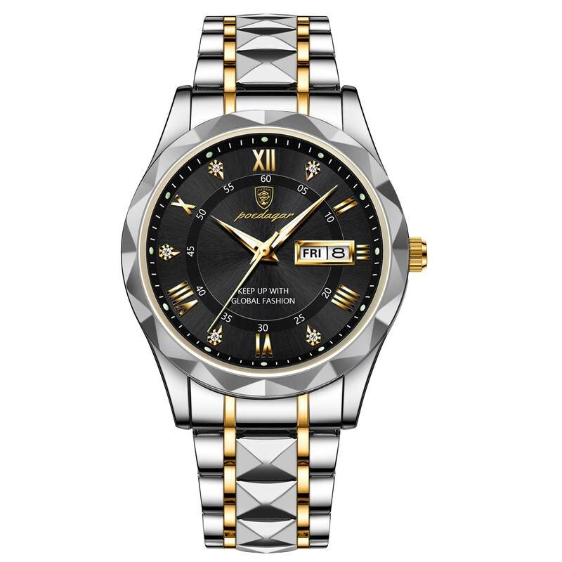 Luxury Stainless Steel Quartz Men's Watch with Luminous Date Week Display