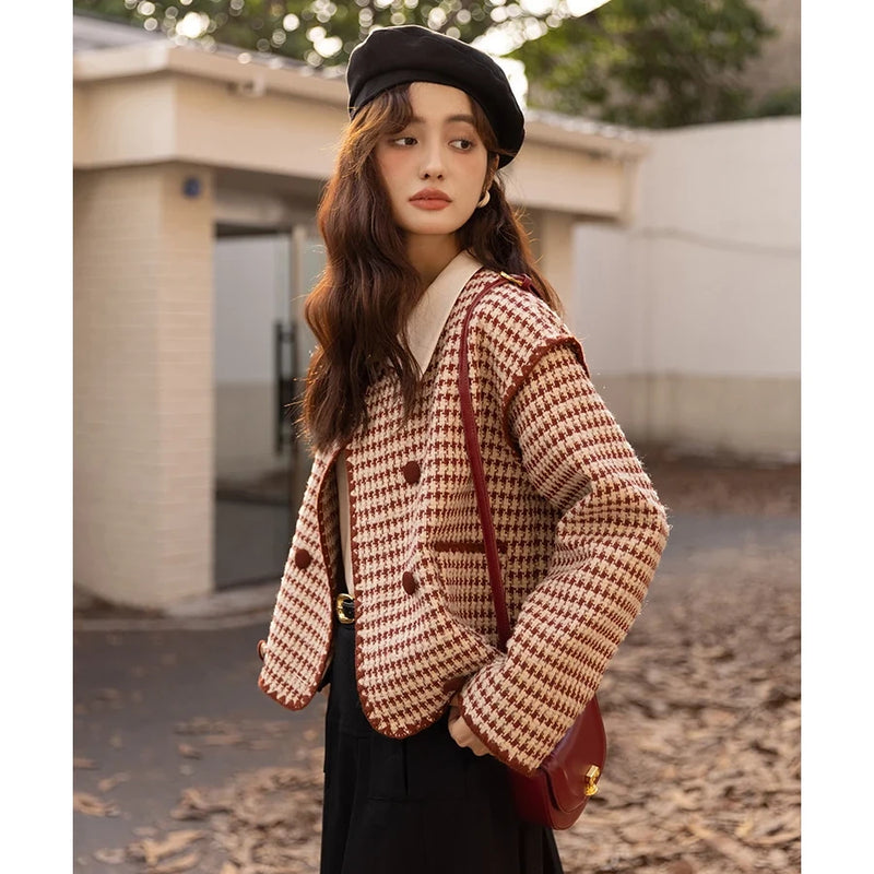 plaid wool blend short coat, view 3 - MRSLM