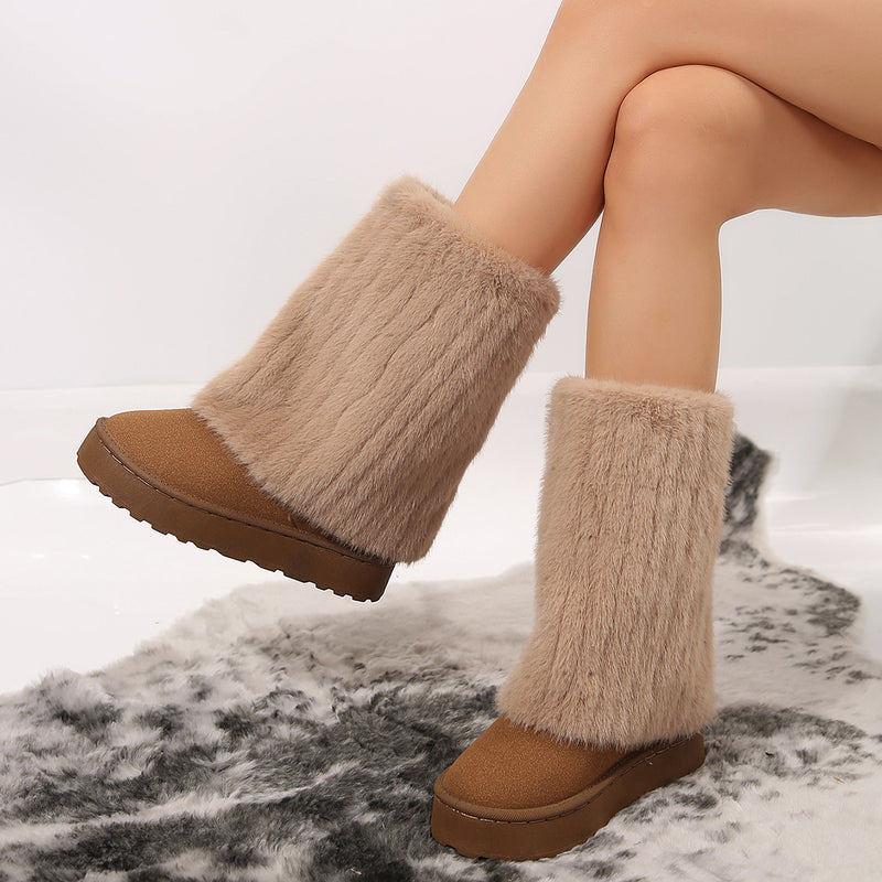 Botas de neve femininas de inverno, cano longo, com forro de pele.