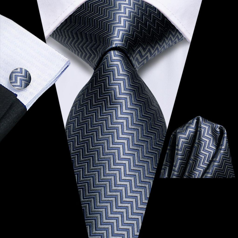 elegant grey silk tie set for men, view 3 - MRSLM