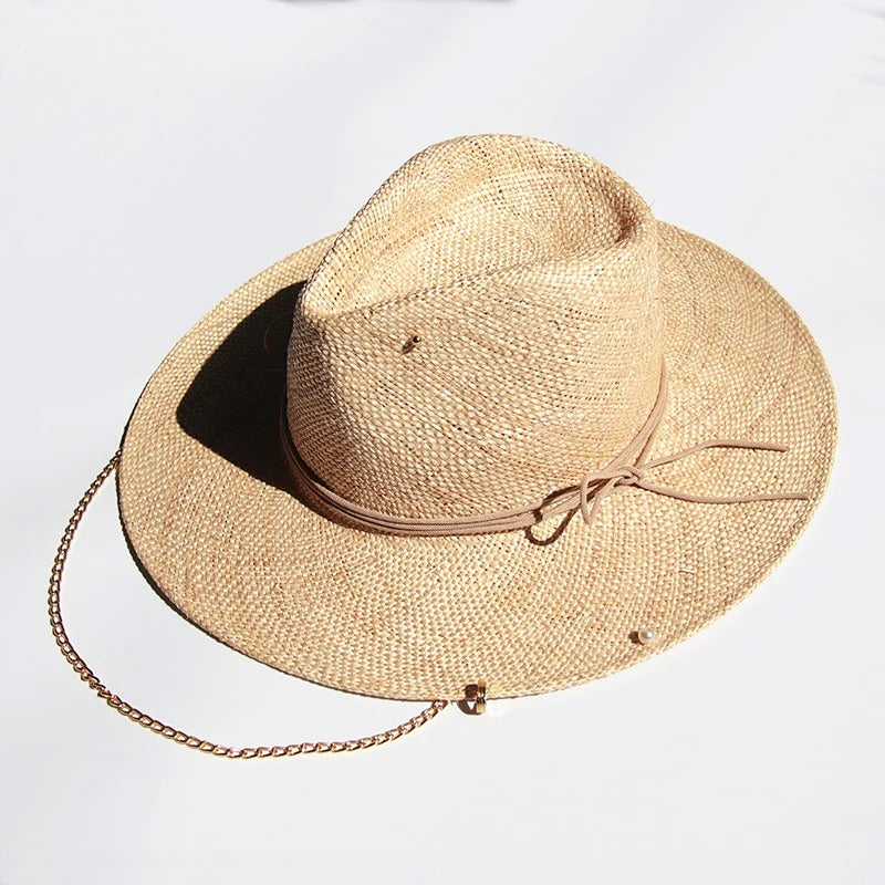 raffia sun hat with chain and pin detail, view 3 - MRSLM