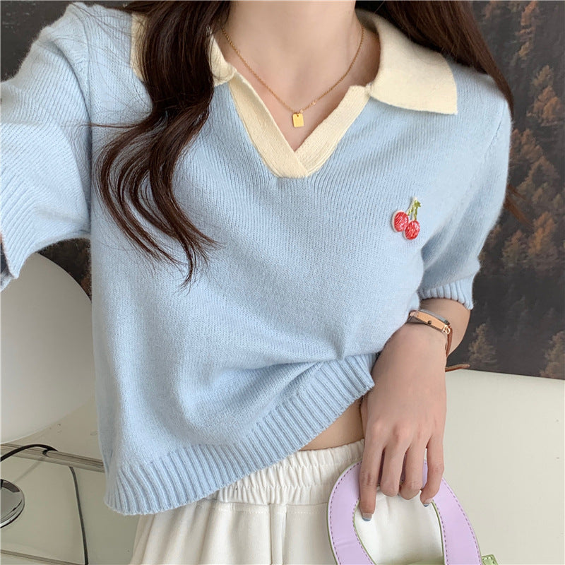 3d cherry loose short sleeve knit top, view 4 - MRSLM