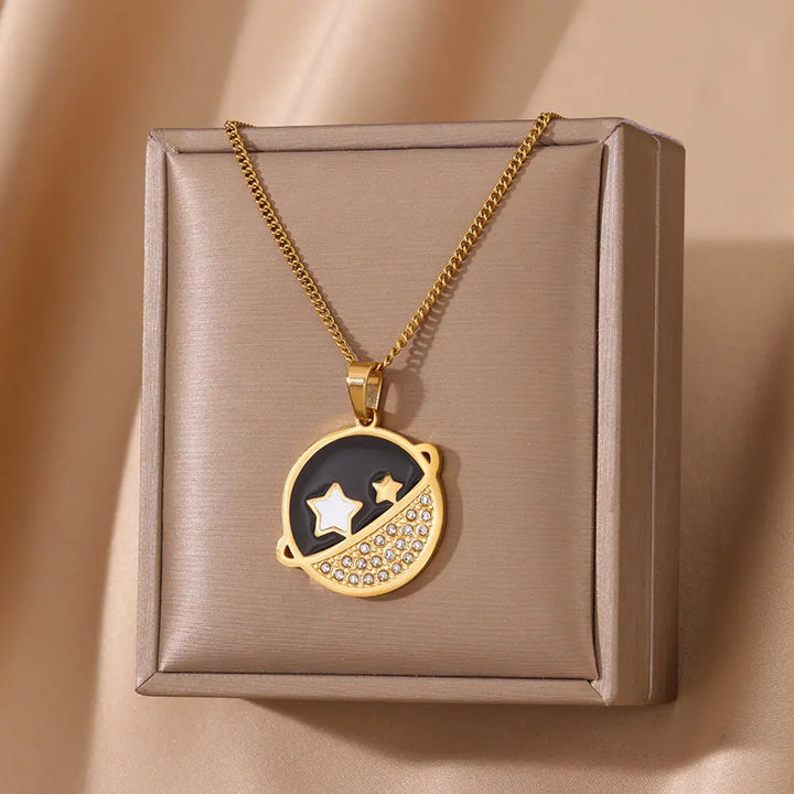 Gold Celestial Star & Planet Pendant Necklace - Trendy Stainless Steel Jewelry