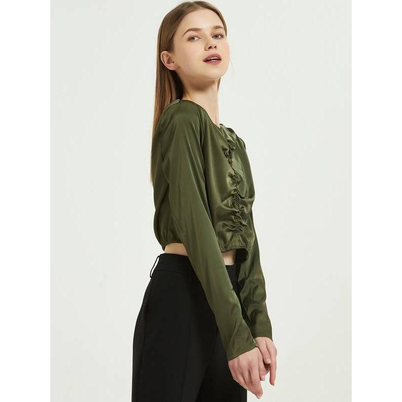 Elegante grüne Seidenchiffonbluse mit langen Ärmeln