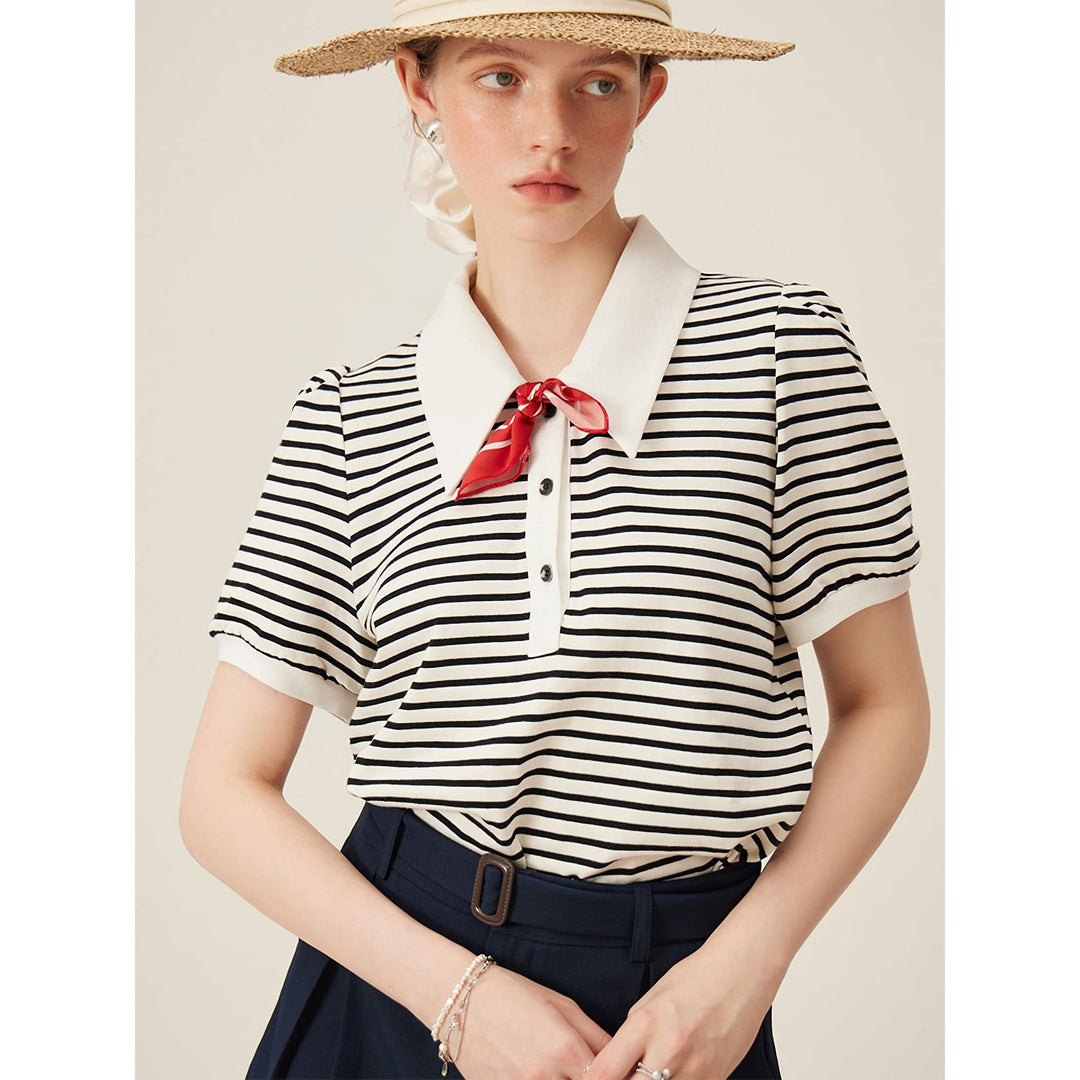 Summer Striped Polo-Neck Tee with Puff Sleeves