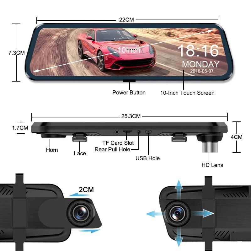 Rearview Mirror Dash Cam with Dual FHD Cameras and Night Vision