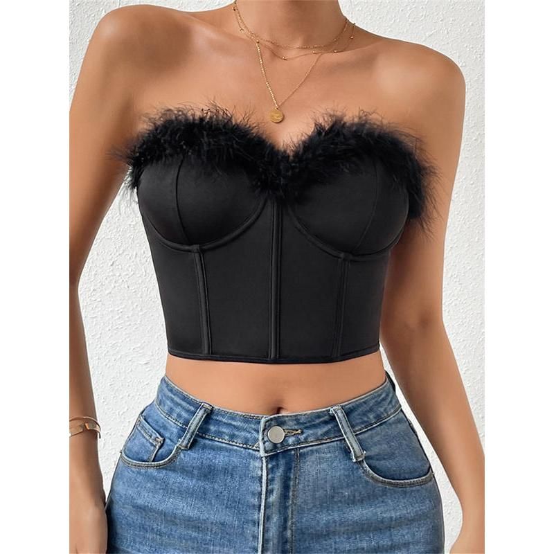 Chic Furry Trim Corset Tube Top