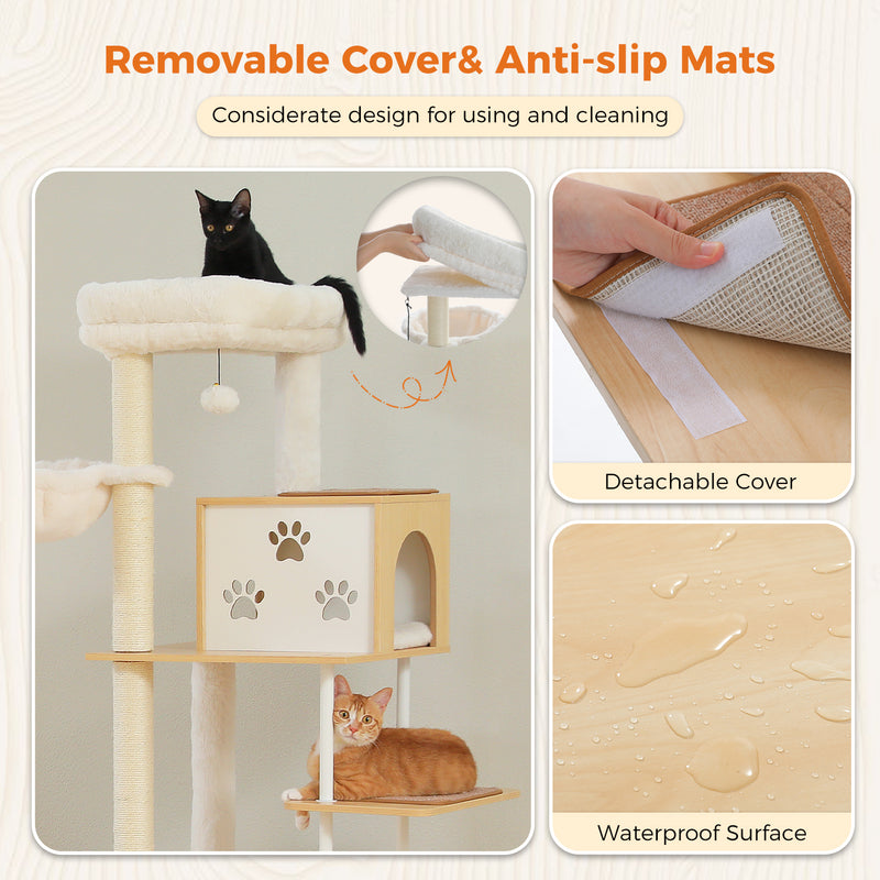 Árvore para gatos grande de vários níveis com espaçosas casinhas, redes e postes de sisal para arranhar.