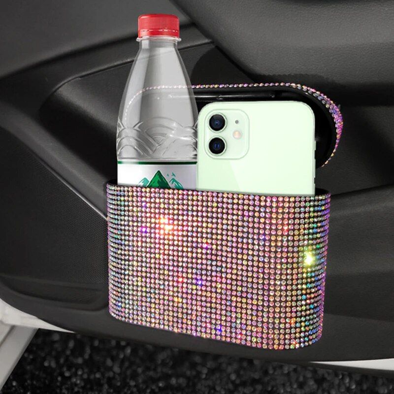 Luxurious Rhinestone Car Trash Bin - Pressing Type Square Storage Bucket