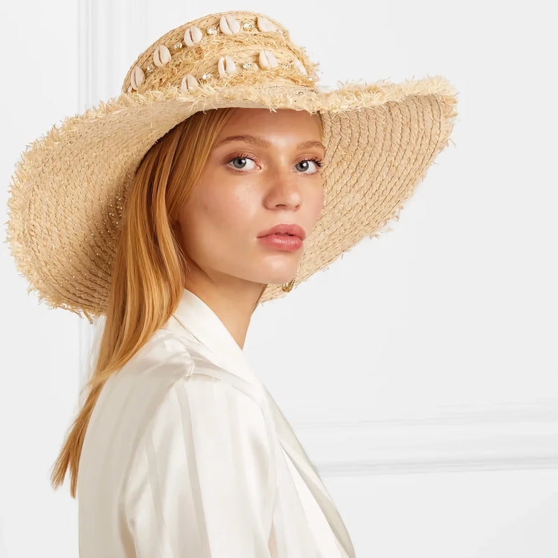 raffia sun hat with shell accents, view 3 - MRSLM