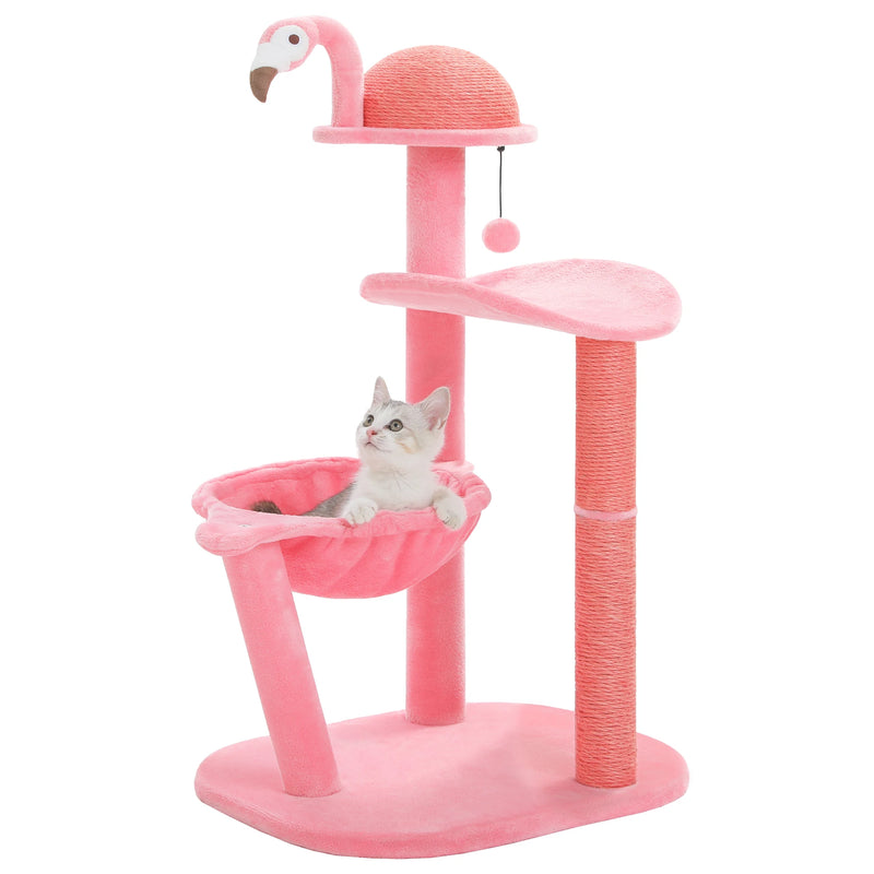 Encantadora árvore para gatos de vários níveis em formato de flamingo rosa, com rede e postes para arranhar.