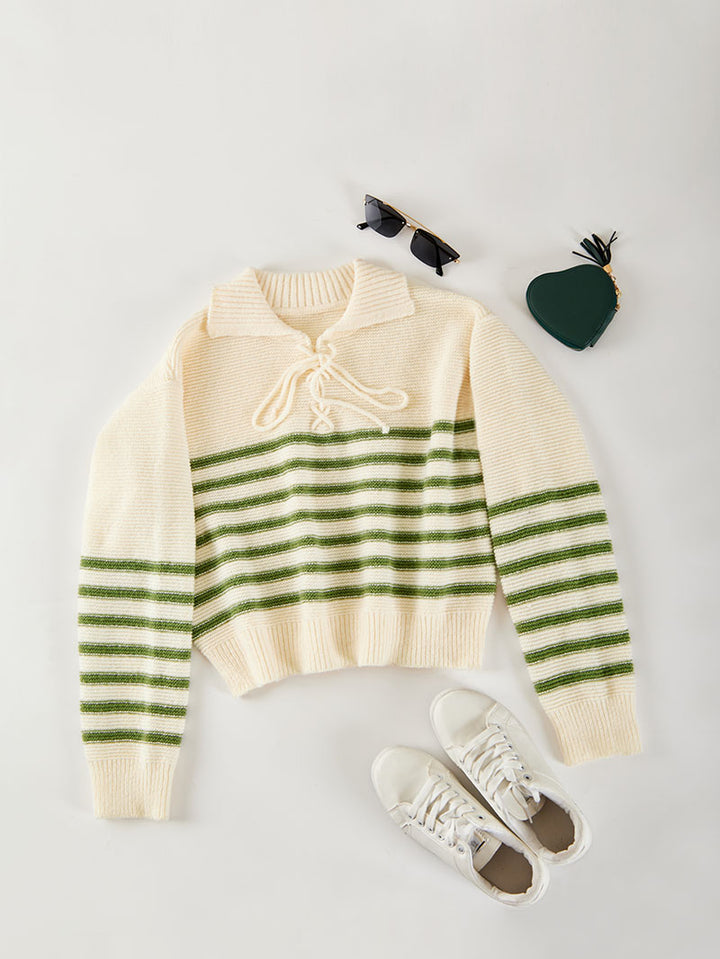 Women's Loose Casual Striped Lace-up Sweater