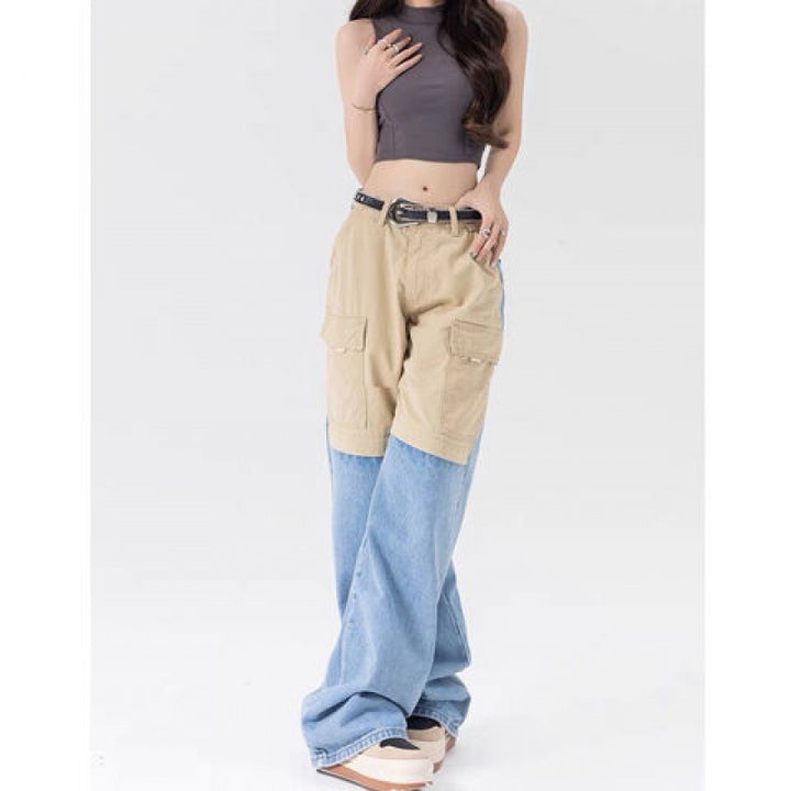 American Hot Girl Contrast Color Wide Leg Jeans Women