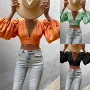 women's long sleeve deep v cropped top - MRSLM