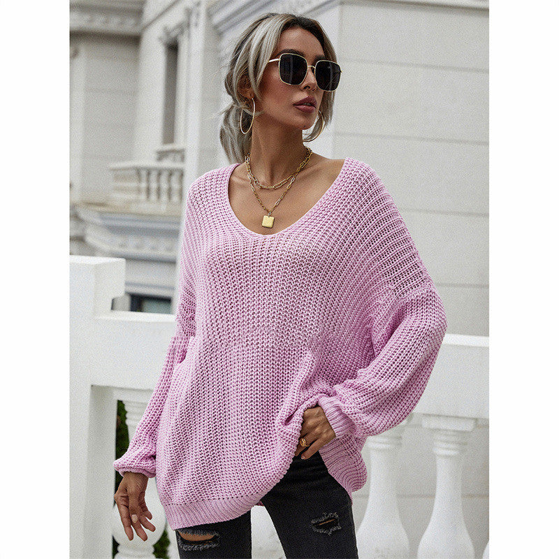 Women's Fashion Casual Solid Color Pullover V-neck Sweater