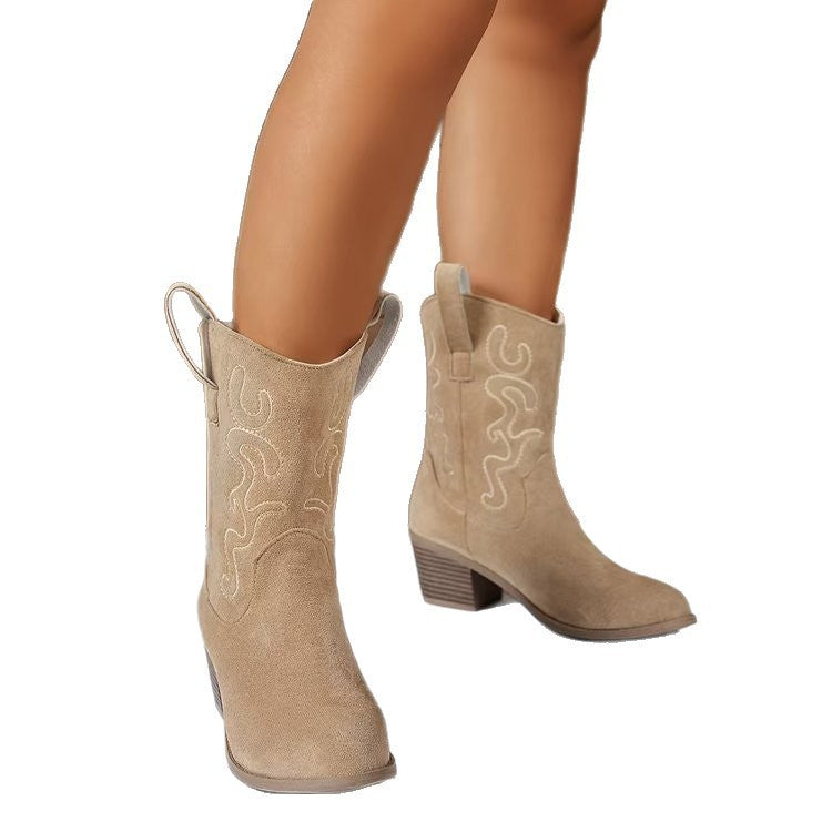 Plus Size Square Heel Round Head V Cut Women's Mid Boots