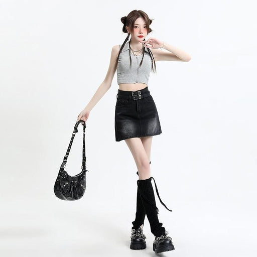 high waist denim mini skirt with belt, view 2 - MRSLM