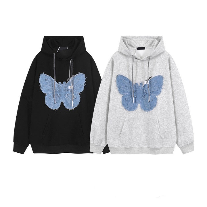 Retro Patch Denim Butterfly Flower Hooded Sweatshirt