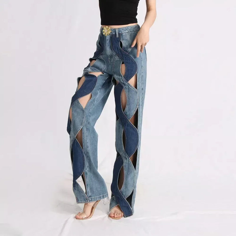 High Waist Jeans mit Blumenmuster, Reißverschluss und Used-Look