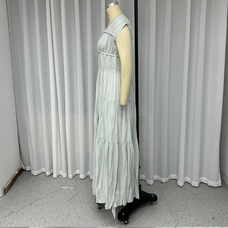 round neck pleated dress light gray, view 4 - MRSLM