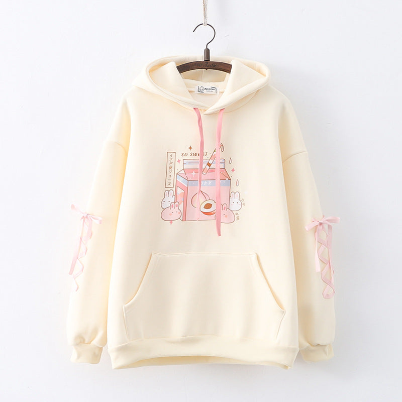 Cartoon Peach Drink Bunny Print Fleece Pullover Ladies Sweater