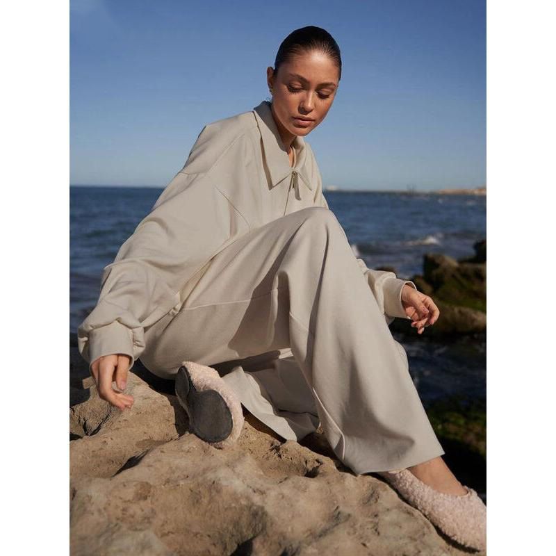 Elegant Two-Piece Set: Casual Long Sleeve Shirt & High-Waist Wide Leg Pants