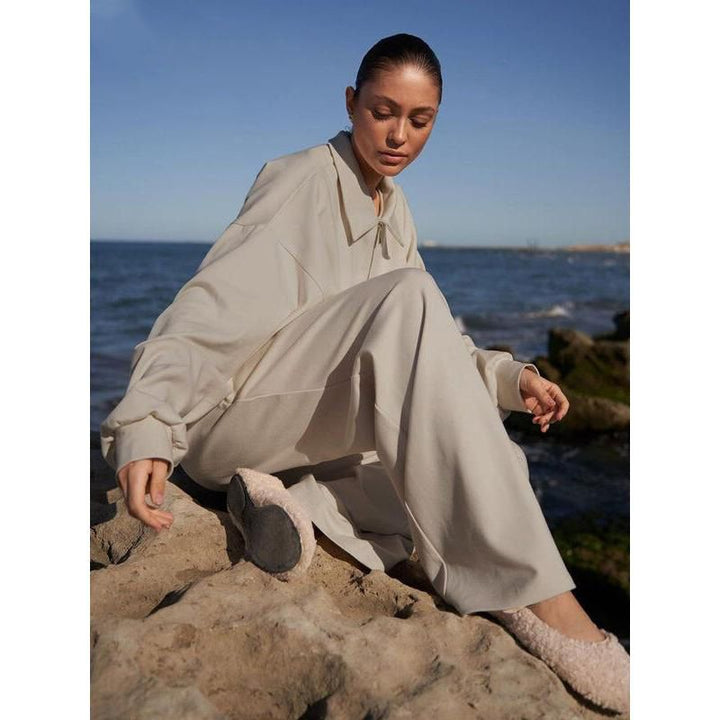 Elegant Two-Piece Set: Casual Long Sleeve Shirt & High-Waist Wide Leg Pants