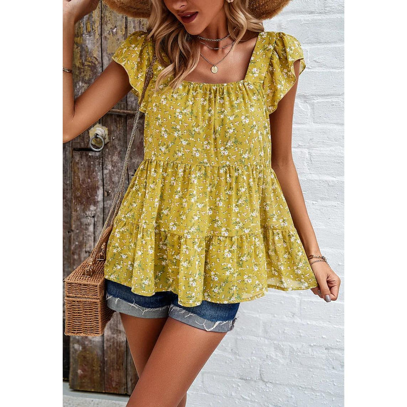 floral square neck ruffled top, view 21 - MRSLM