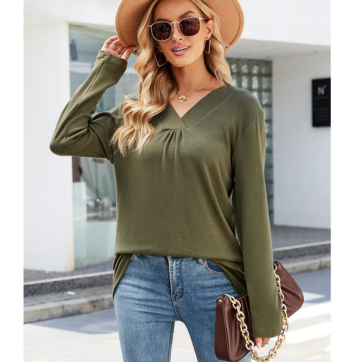 Women's Casual V Neck Long Sleeve Loose T Shirt In Solid Color