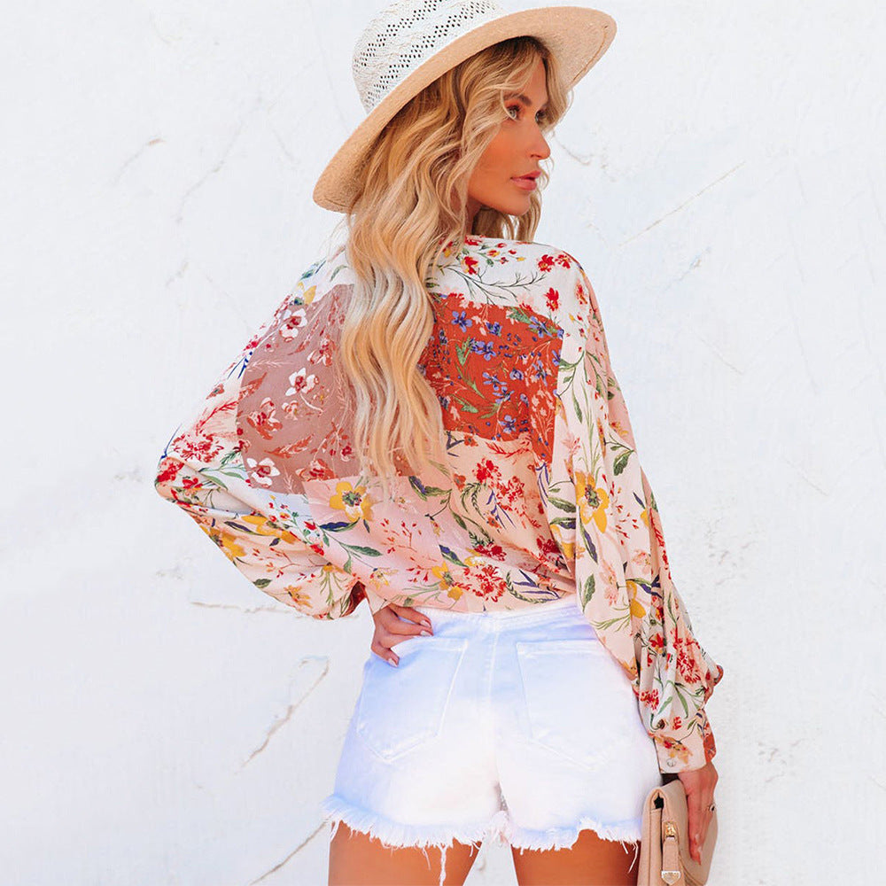Spring And Summer Floral V-neck Long Sleeve Loose Casual Shirt