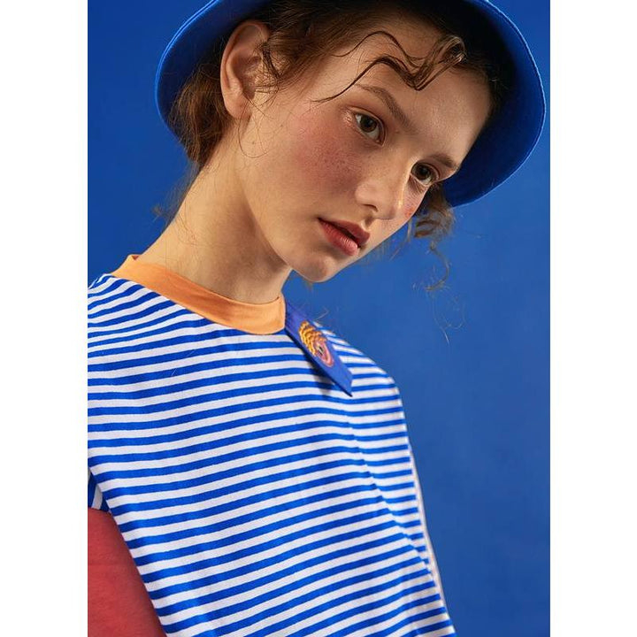 Summer Striped Loose-Fit T-Shirt with Cartoon Patch Detail