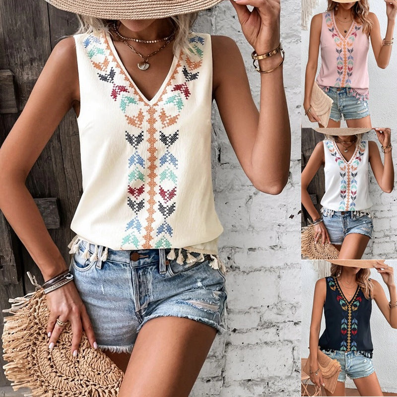 women's ethnic style v-neck embroidered vest top - MRSLM