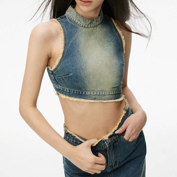 Gradient Blue Asymmetric Denim Grunge Tank Top