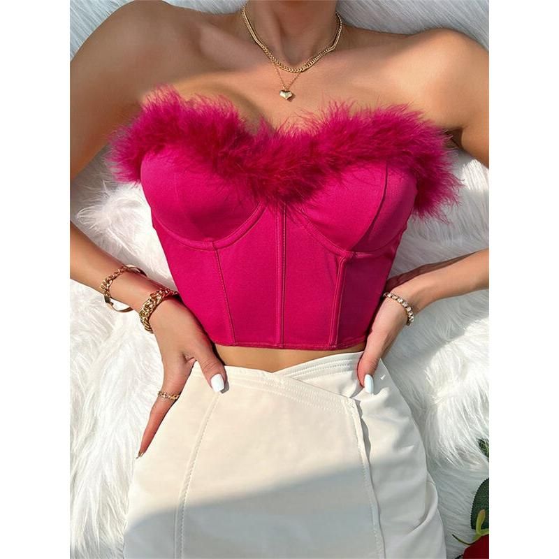 Chic Furry Trim Corset Tube Top