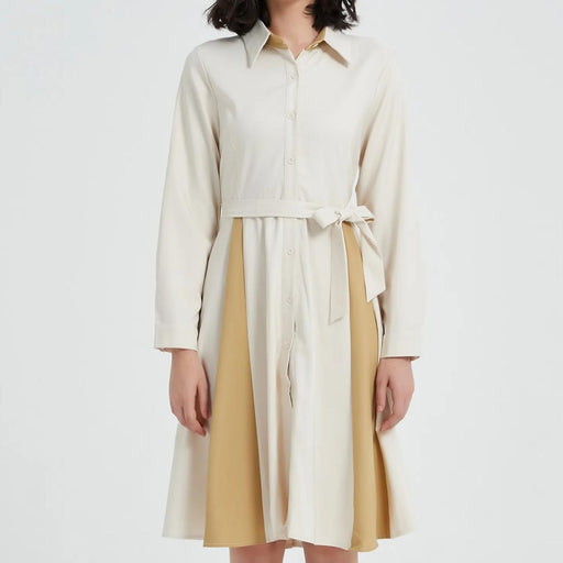 beige a-line long sleeve dress with belt - MRSLM