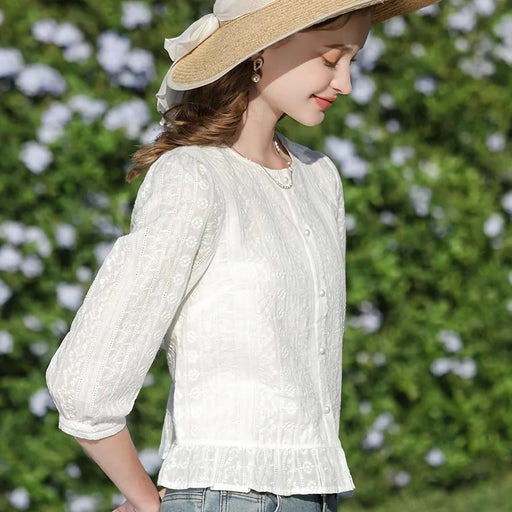 white cotton puff sleeve blouse, view 2 - MRSLM