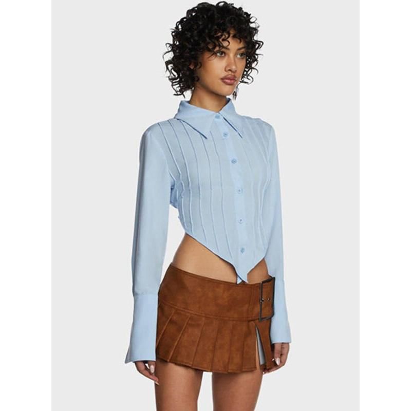 Chic Blue Lace-Up Back Blouse with V-Shaped Hem