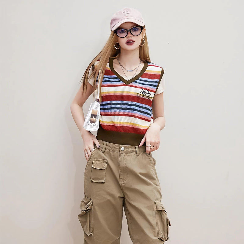 striped v-neck knitted vest, view 4 - MRSLM