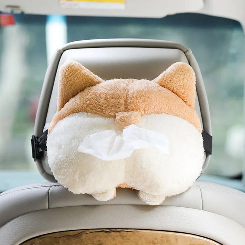 Charming Corgi Bottom Car Tissue Box - Soft Plush Armrest Napkin Holder