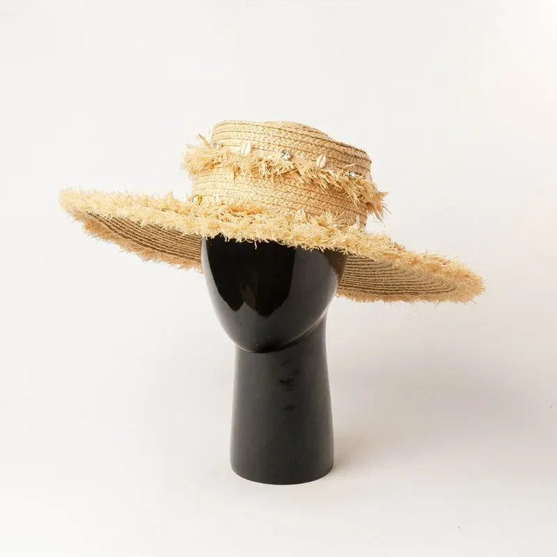 raffia sun hat with shell accents, view 4 - MRSLM