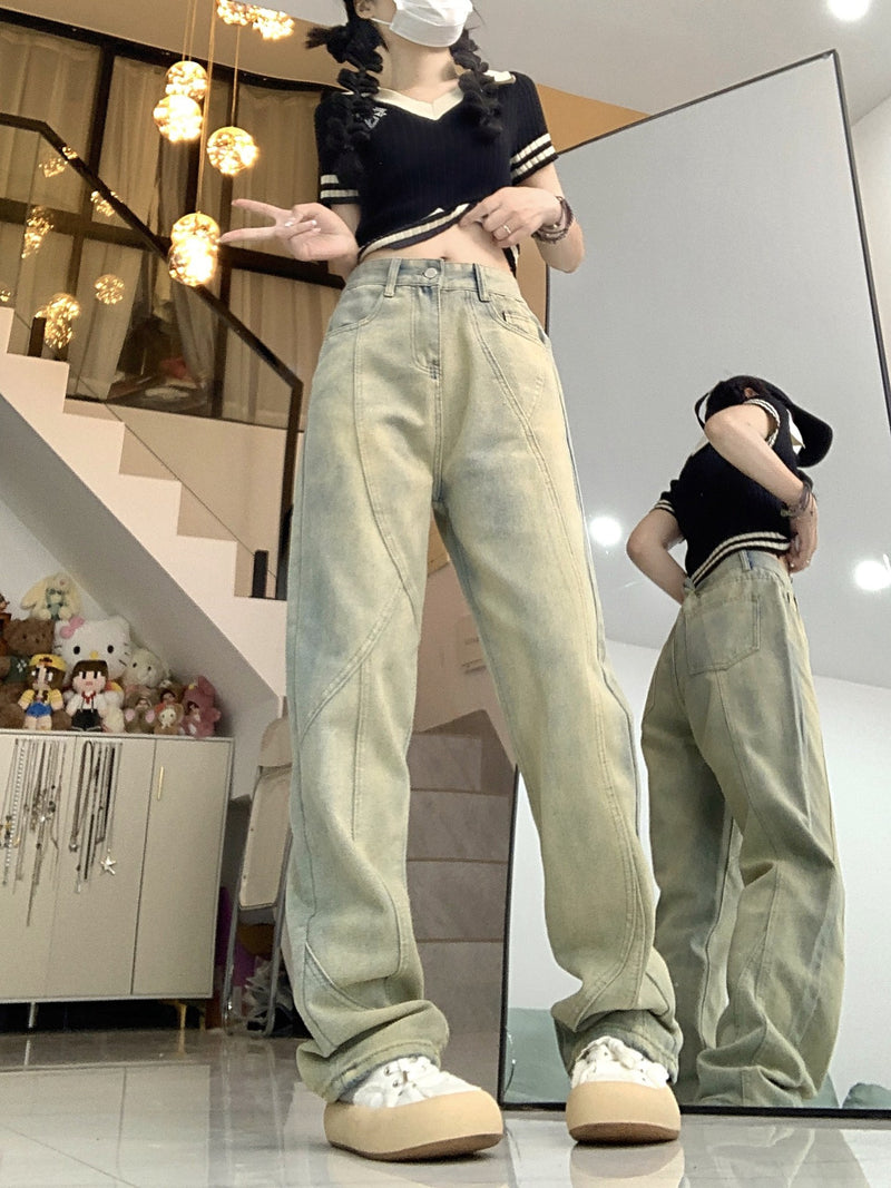 Used-Look-Jeans in Gelb mit Schlammmuster, Damen, locker geschnitten, leicht ausgestellt, gerader Schnitt, lässig