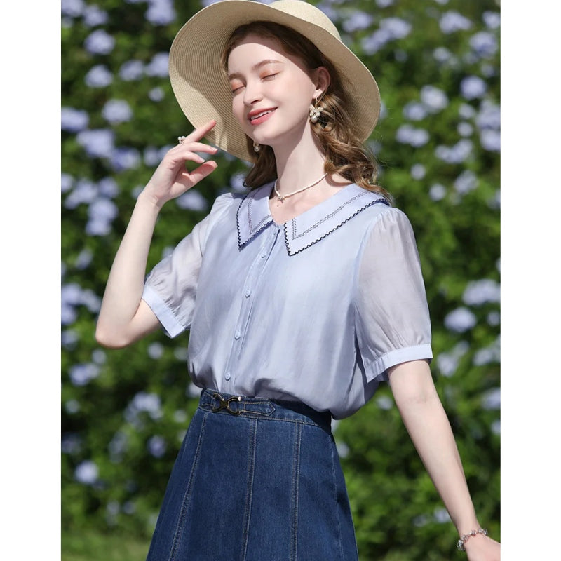 french embroidery puff sleeve blouse, view 3 - MRSLM