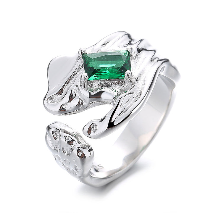 Wrinkled Texture Inlaid With Green Zircon Personalized Opening Ring