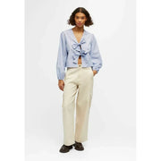 striped lace-up v-neck blouse, view 6 - MRSLM