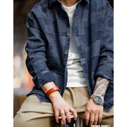 men's retro denim patchwork shirt, view 5 - MRSLM